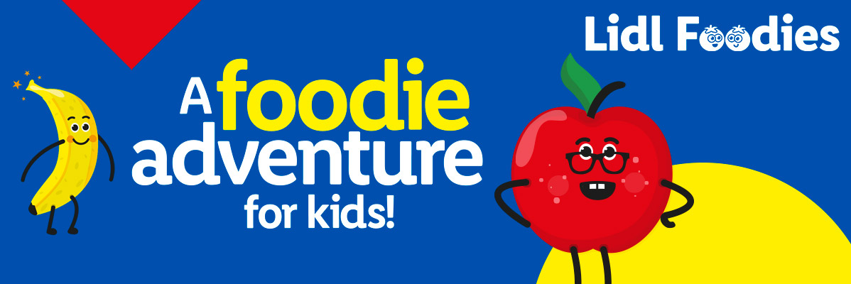 Cartoon banana and apple characters on a blue background with text: 'A foodie adventure for kids!'