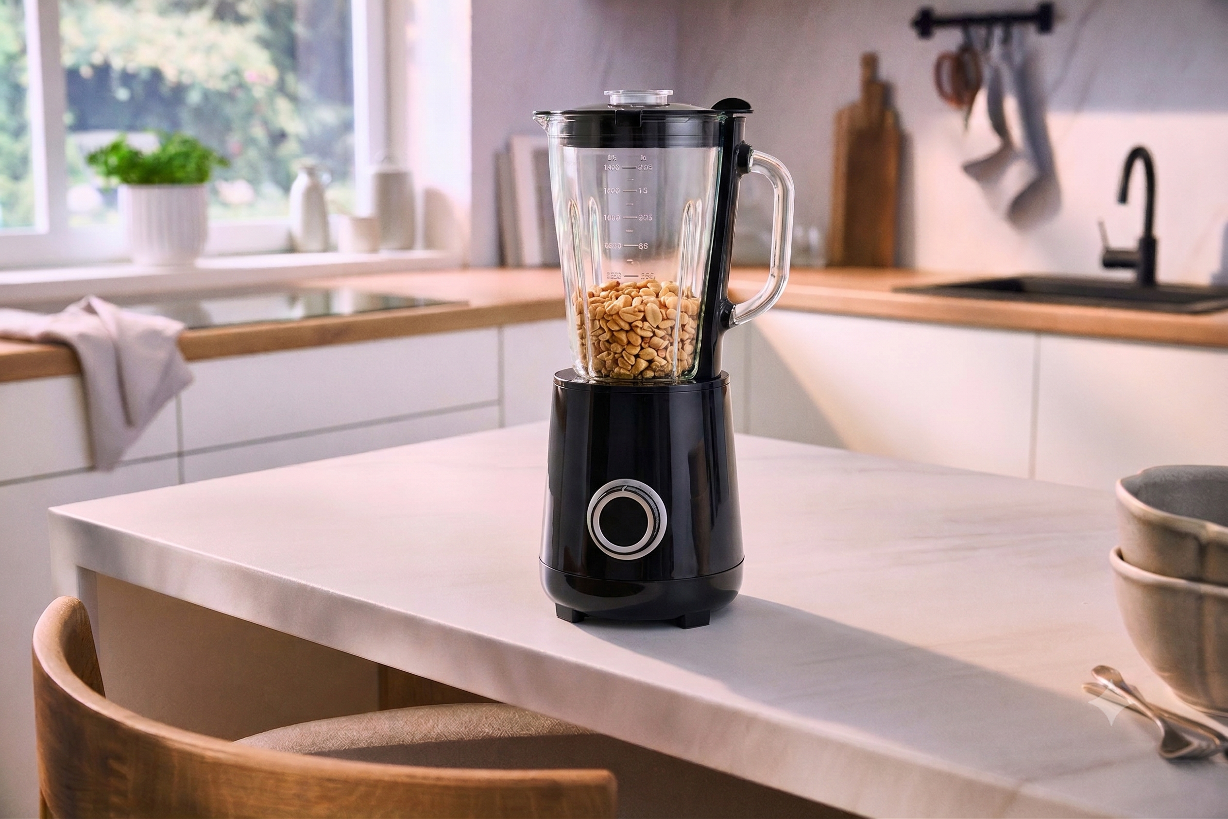 Black blender with peanuts on a white countertop in a bright kitchen.