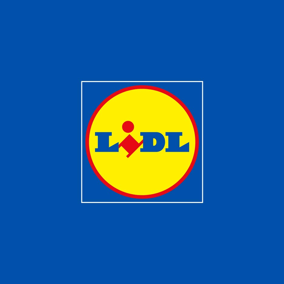 Lidl logo: blue text on a yellow circle with a red dot, on a blue background.