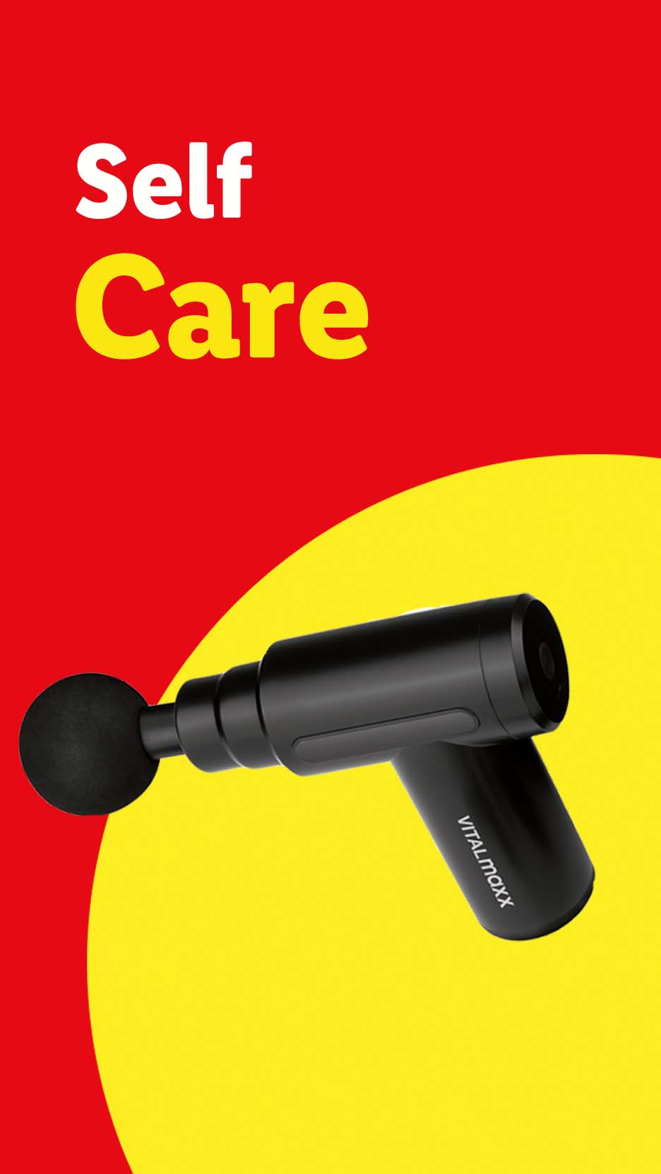 A black massage gun with a round head on a red and yellow background, with text 'Self Care'.