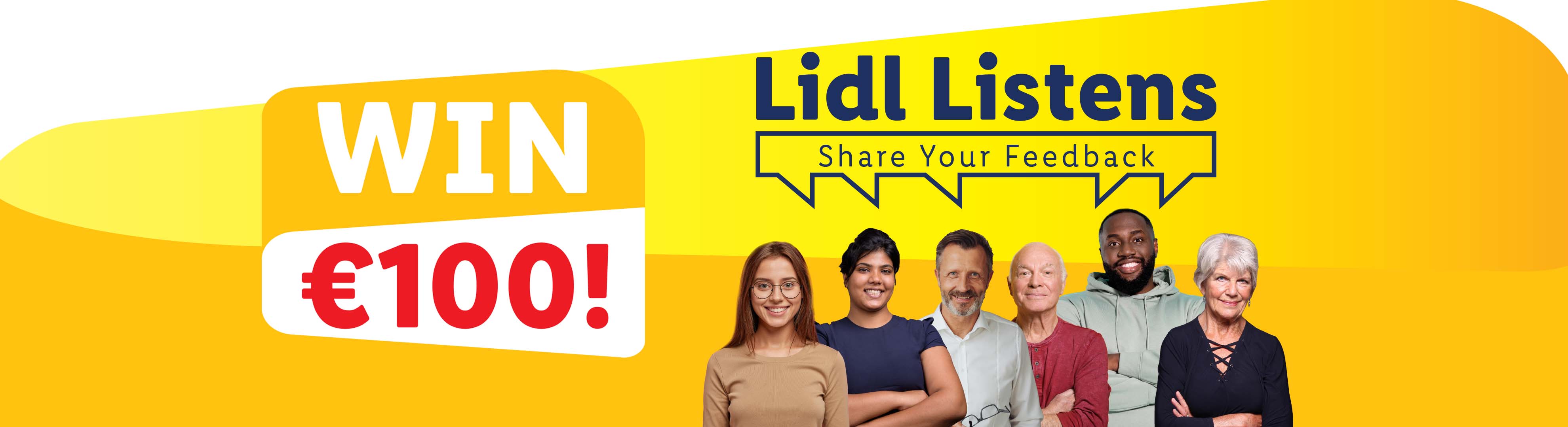 Lidl banner: 'Lidl Listens, Share Your Feedback' with diverse people and 'WIN €100!'