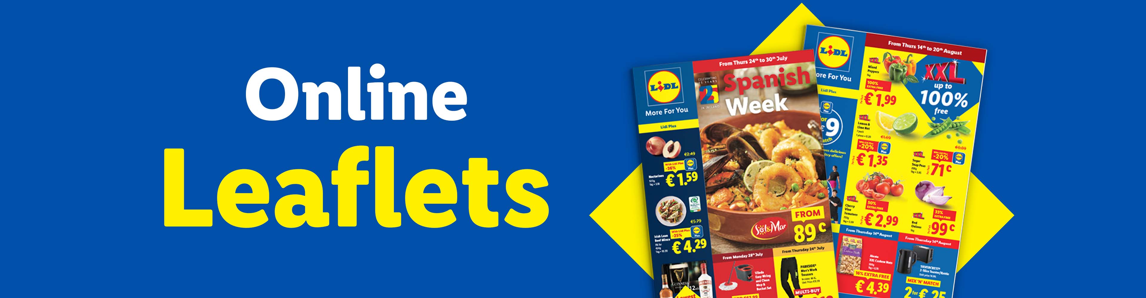 Lidl online leaflets featuring Spanish Week and XXL deals on groceries and household items.