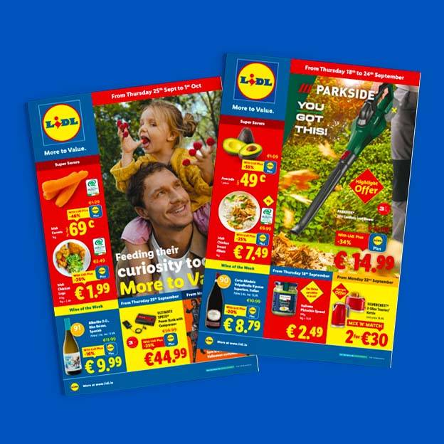 Two Lidl flyers showcasing weekly deals on groceries, wine, and a Parkside leaf blower.