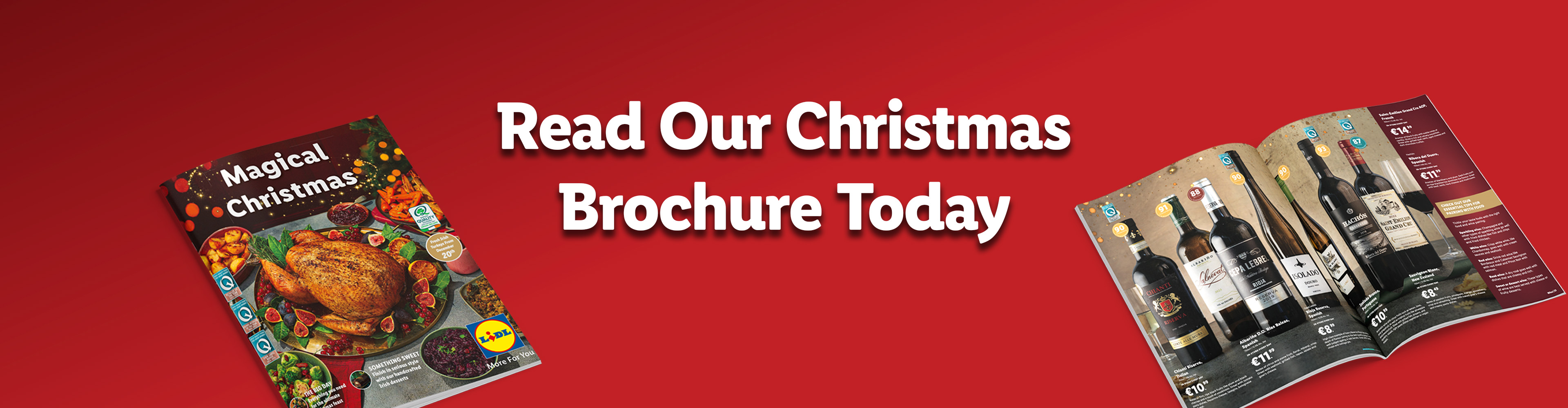 Lidl Christmas brochure featuring food and wine.