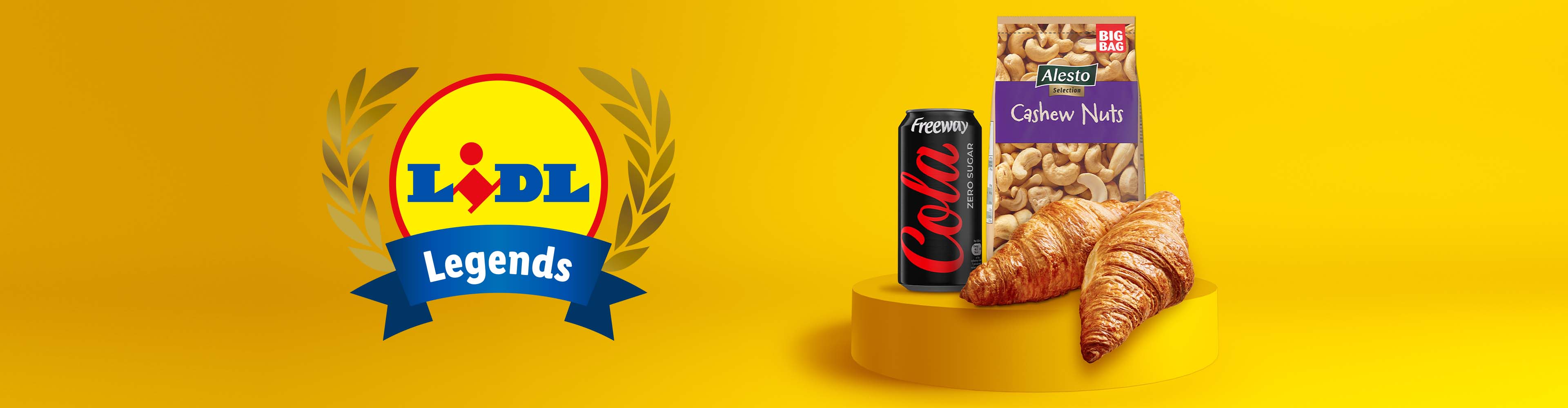 Lidl Legends logo with Freeway Cola, Alesto Cashew Nuts, and croissants on a yellow background.