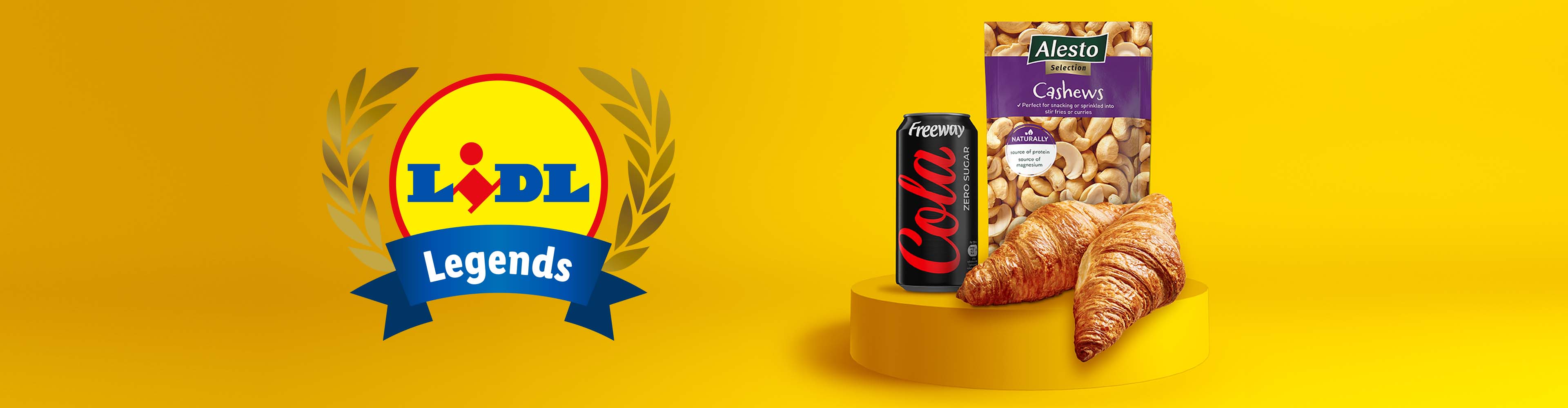 Lidl Legends logo with Freeway Cola, Alesto Cashews, and croissants on a yellow background.