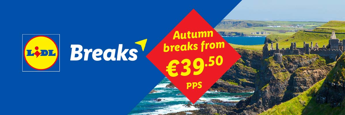 Lidl Breaks ad: Autumn breaks from €39.50 PPS, featuring a coastal castle ruin.