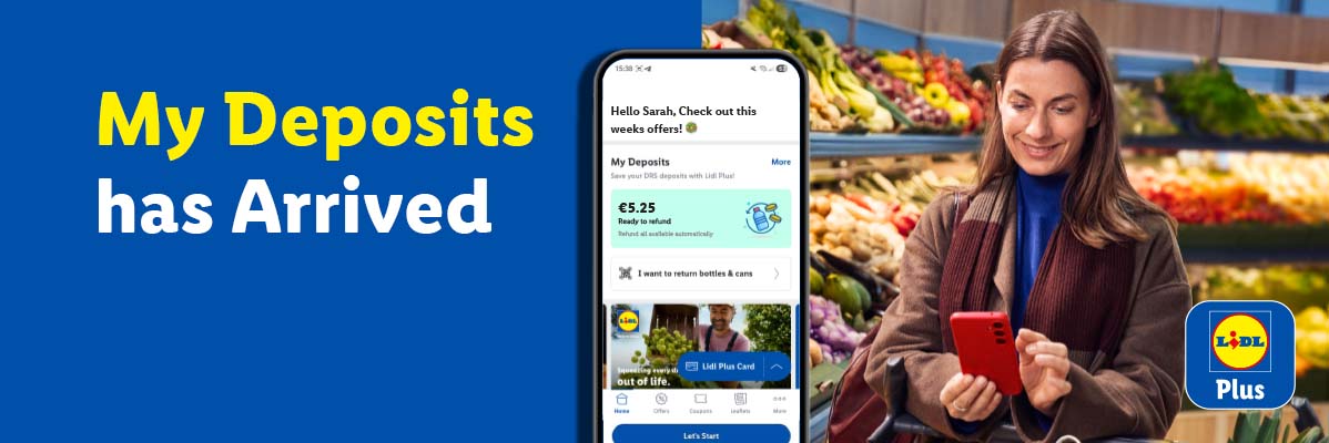 Lidl Plus app showing 'My Deposits' feature with a woman shopping in a supermarket.