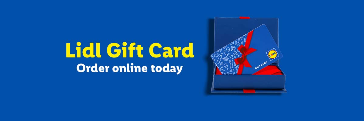 Lidl Gift Card in a blue box with red ribbon, text reads 'Lidl Gift Card Order online today'