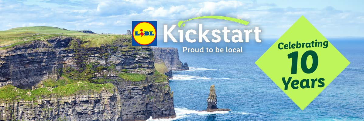 Lidl Kickstart logo over Cliffs of Moher, celebrating 10 years of supporting local businesses.