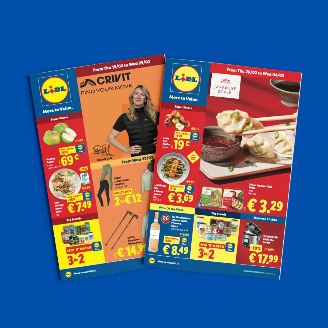 Lidl flyers showcasing weekly deals on groceries, sports apparel, and kitchen appliances.