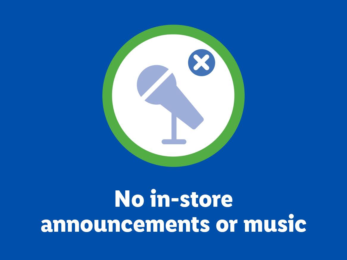 Sign indicating 'No in-store announcements or music' with a crossed-out microphone icon.