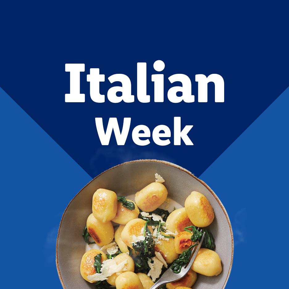 A bowl of gnocchi with spinach and cheese, with text 'Italian Week' above.