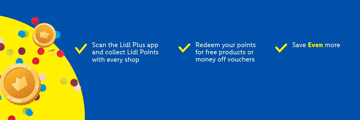 Lidl Plus app: Scan to collect points, redeem for free products or money-off vouchers, and save even more.