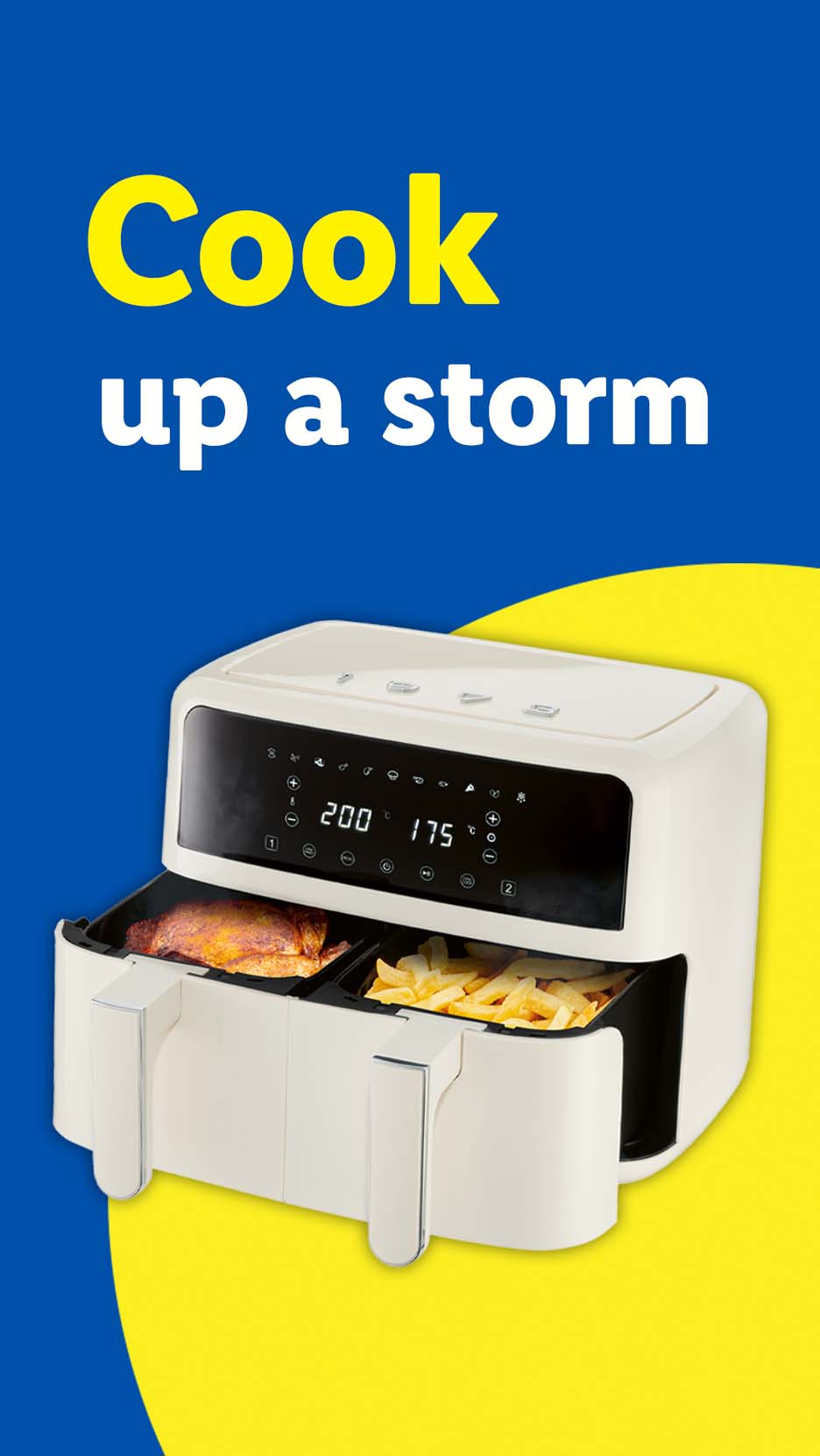 A white dual-basket air fryer cooking chicken and fries, with text 'Cook up a storm'.