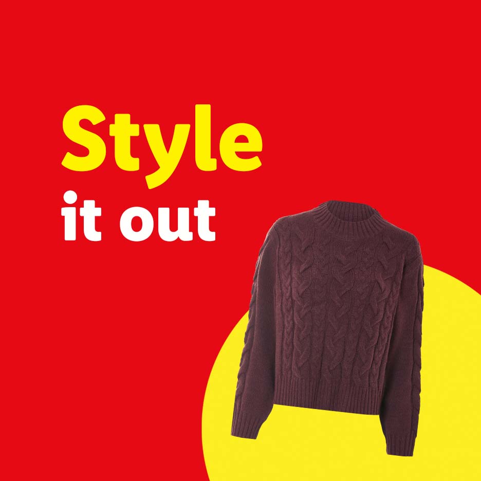 A maroon cable-knit sweater on a red background with a yellow circle and text 'Style it out'.