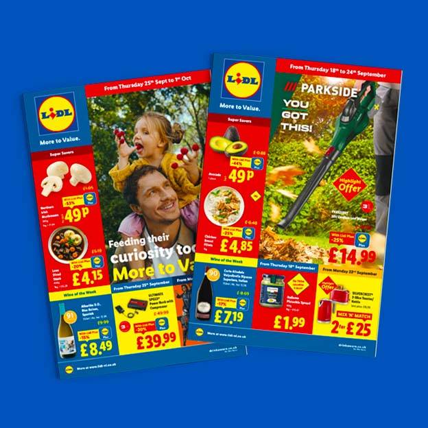 Lidl flyers showcasing deals on groceries like mushrooms, avocados, wine, and a Parkside leaf blower.