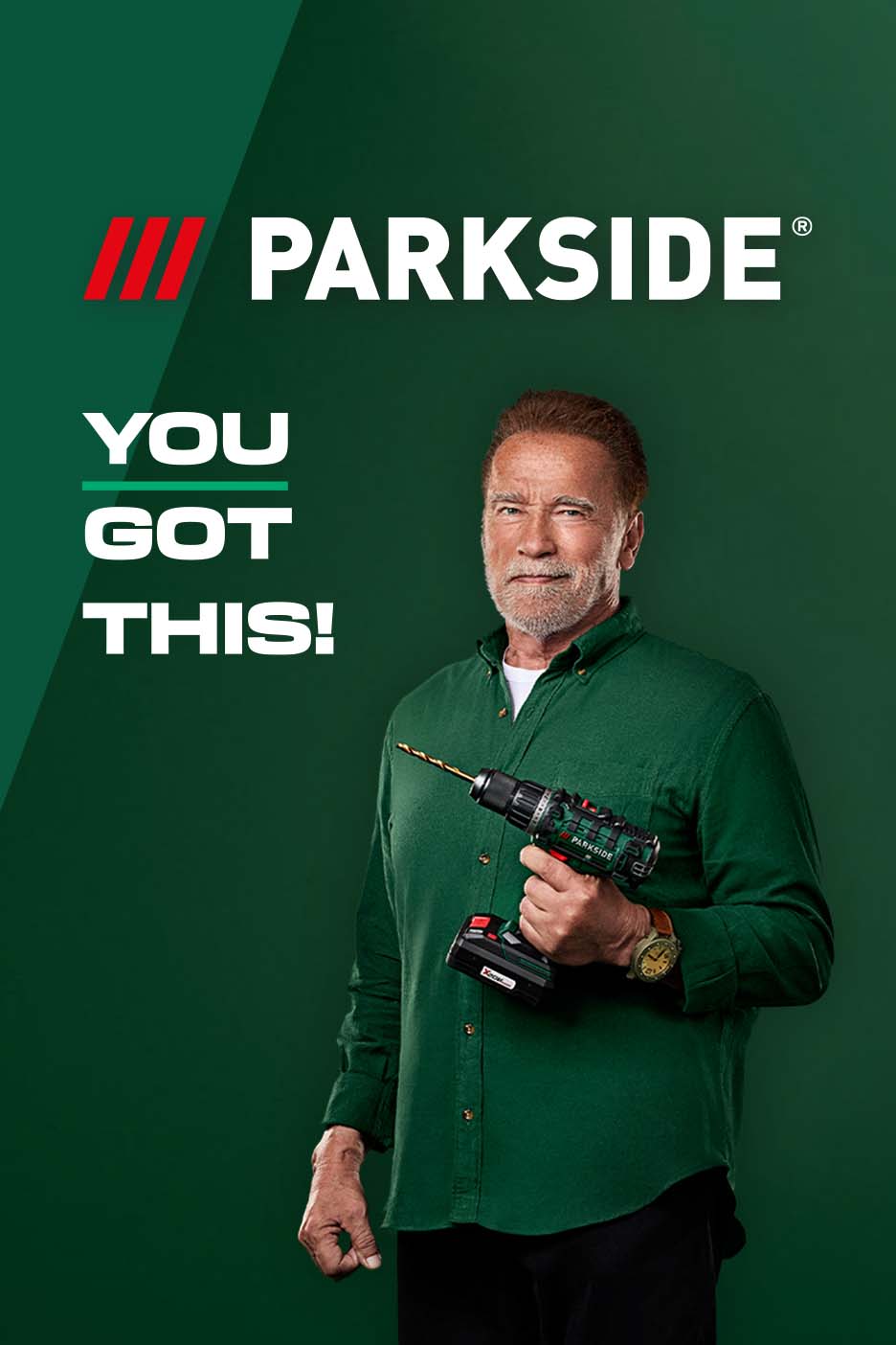 Arnold Schwarzenegger holding a power drill, with text 'YOU GOT THIS!' on a green background.