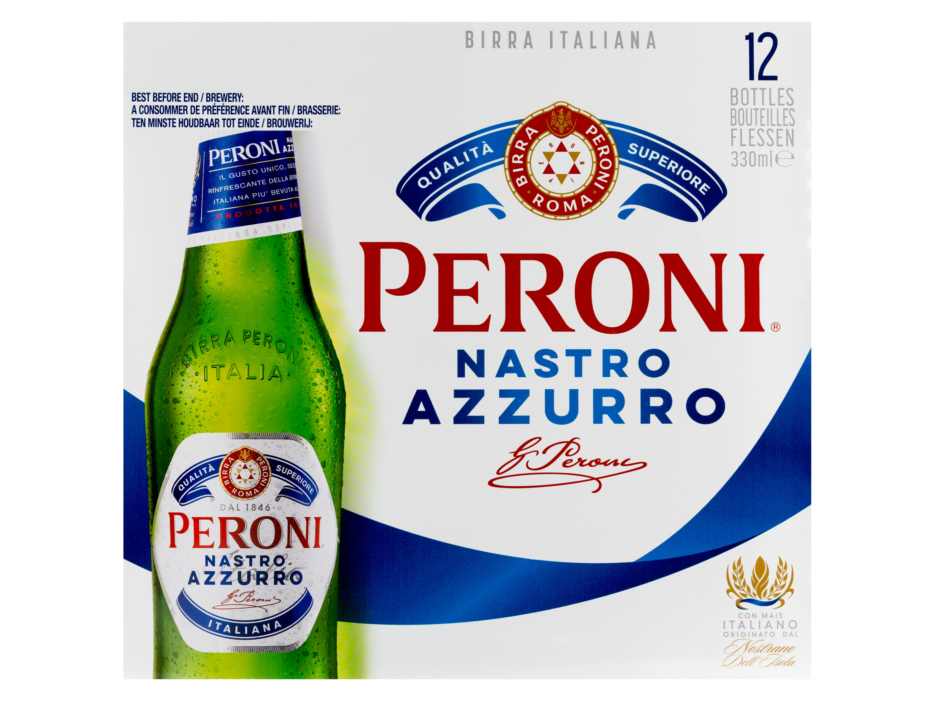 A 12-pack of Peroni Nastro Azzurro Italian beer.