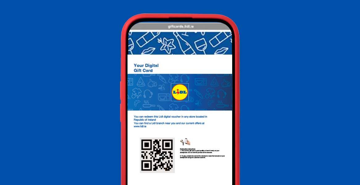A smartphone displaying a Lidl digital gift card with a QR code and redemption instructions.