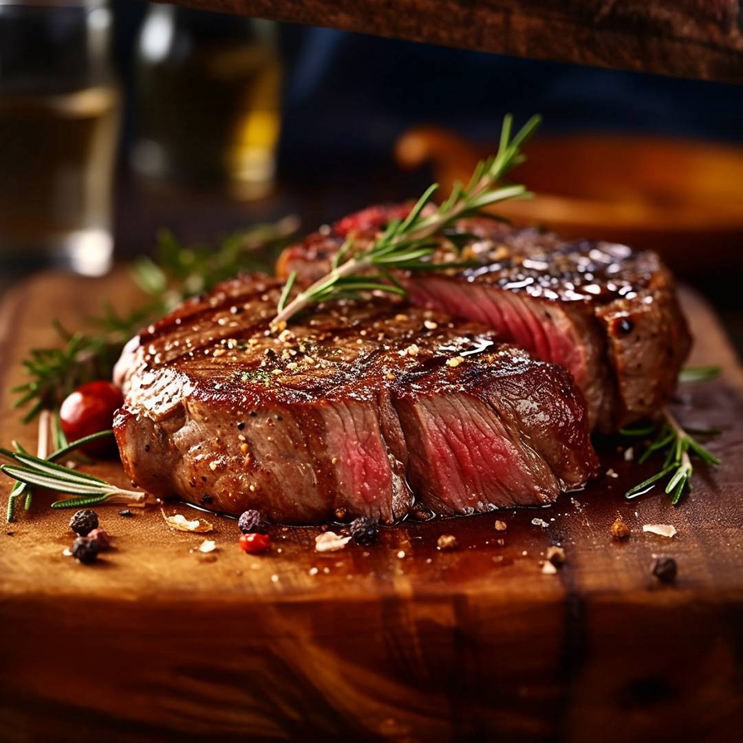 Grilled steak with rosemary and peppercorns on a wooden board.
