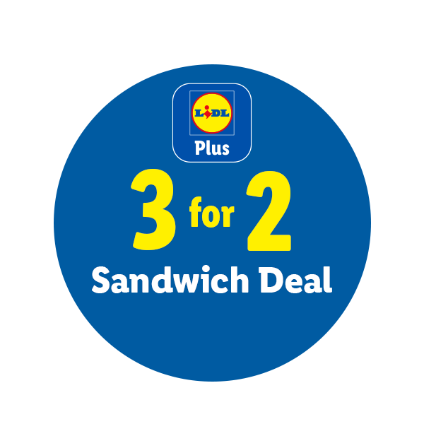 Lidl Plus 3 for 2 Sandwich Deal logo on a blue circle.
