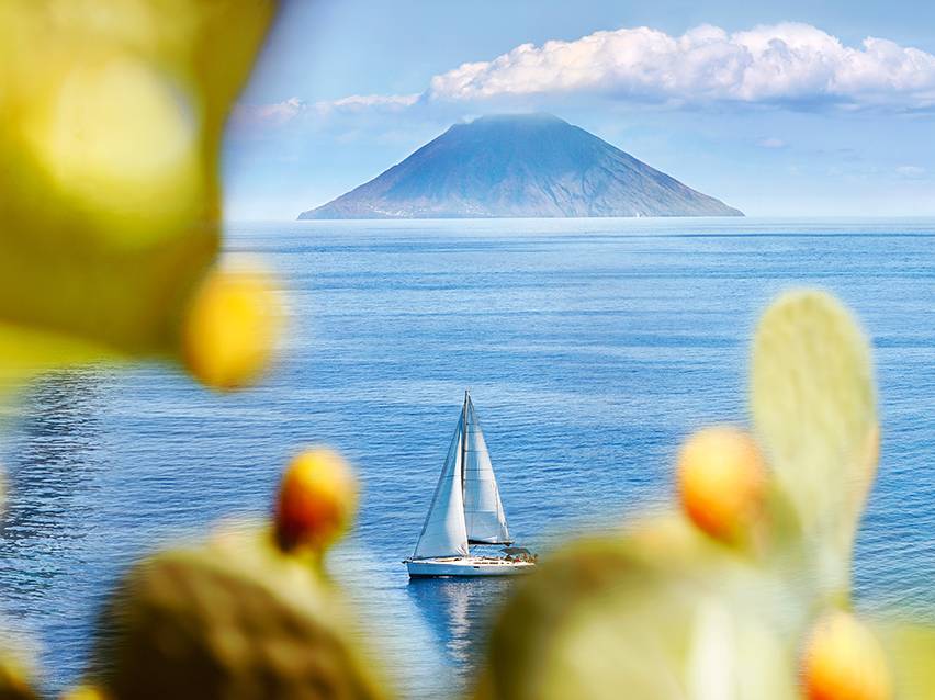 Sailboat on water with a volcanic island in the background, framed by prickly pears.