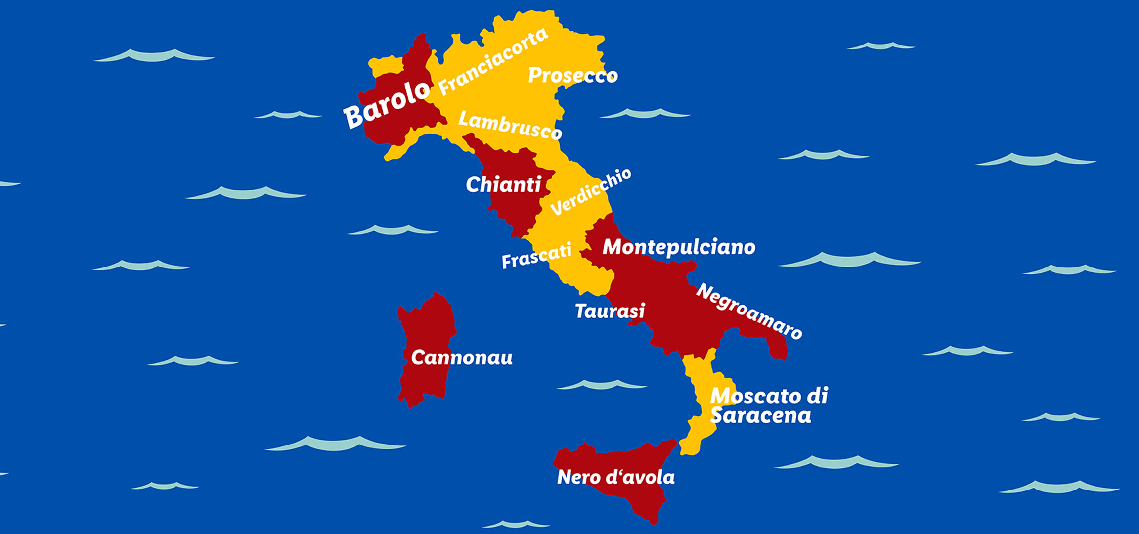 Map of Italian wine regions featuring Barolo, Prosecco, Chianti, and Nero d'Avola.