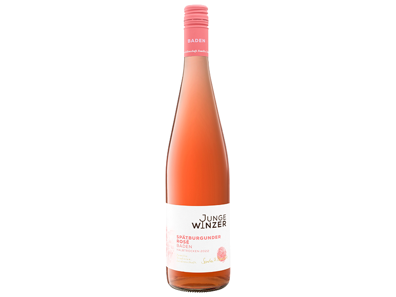 A bottle of Junge Winzer Spätburgunder Rosé wine with a pink label.