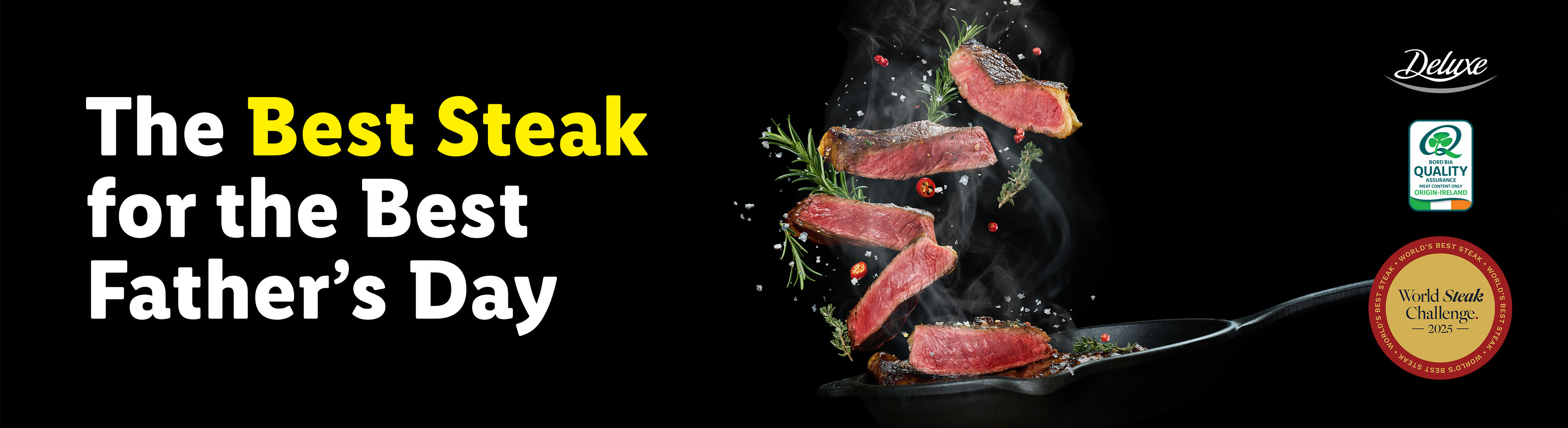 Steak slices with herbs and spices in a pan, with text: 'The Best Steak for the Best Father's Day'