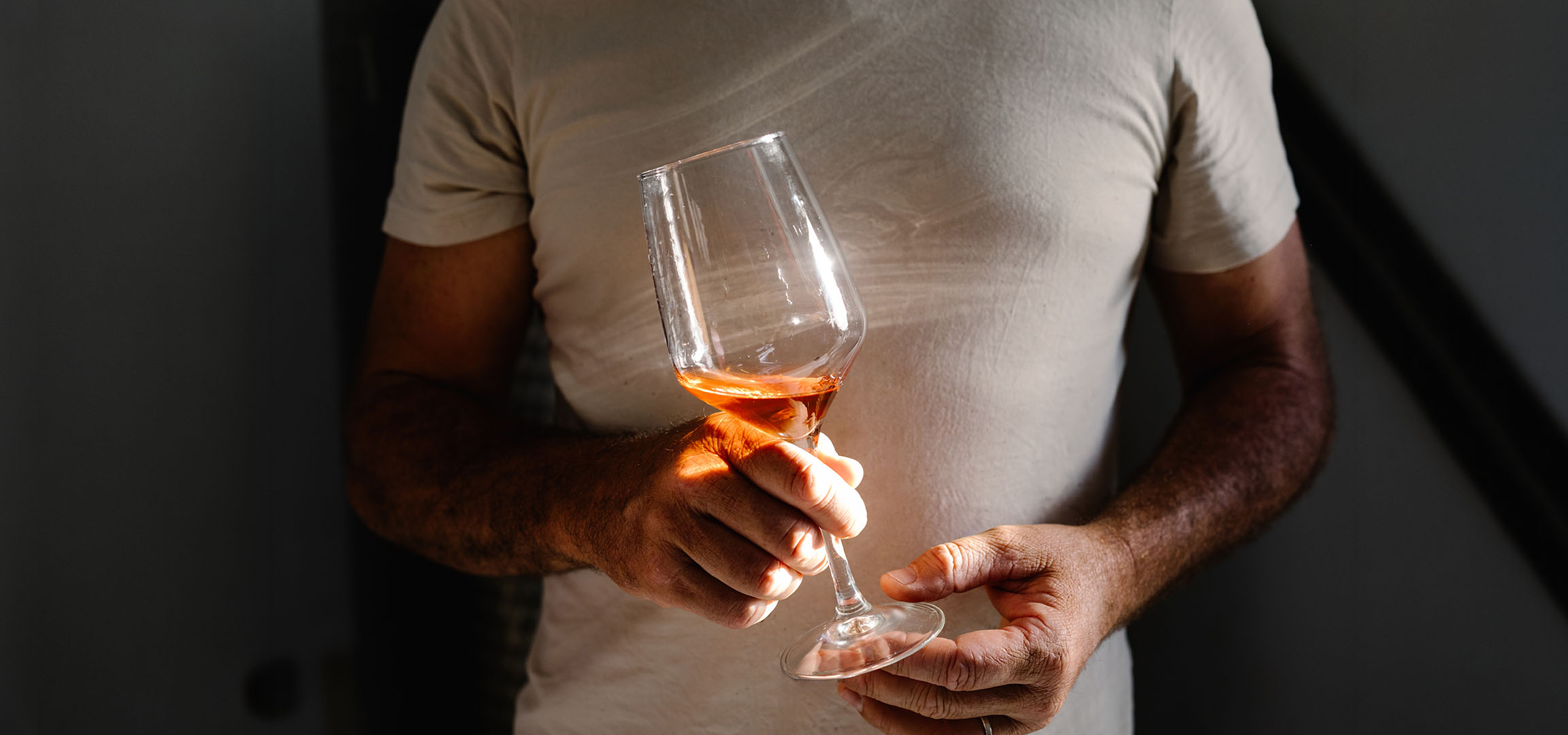 Man holding a glass of rosé wine, bathed in sunlight, against a dark background.