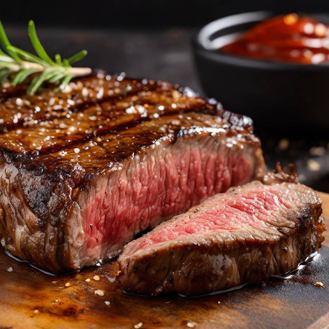 Perfectly grilled steak, seasoned with salt and rosemary, with a side of red sauce.