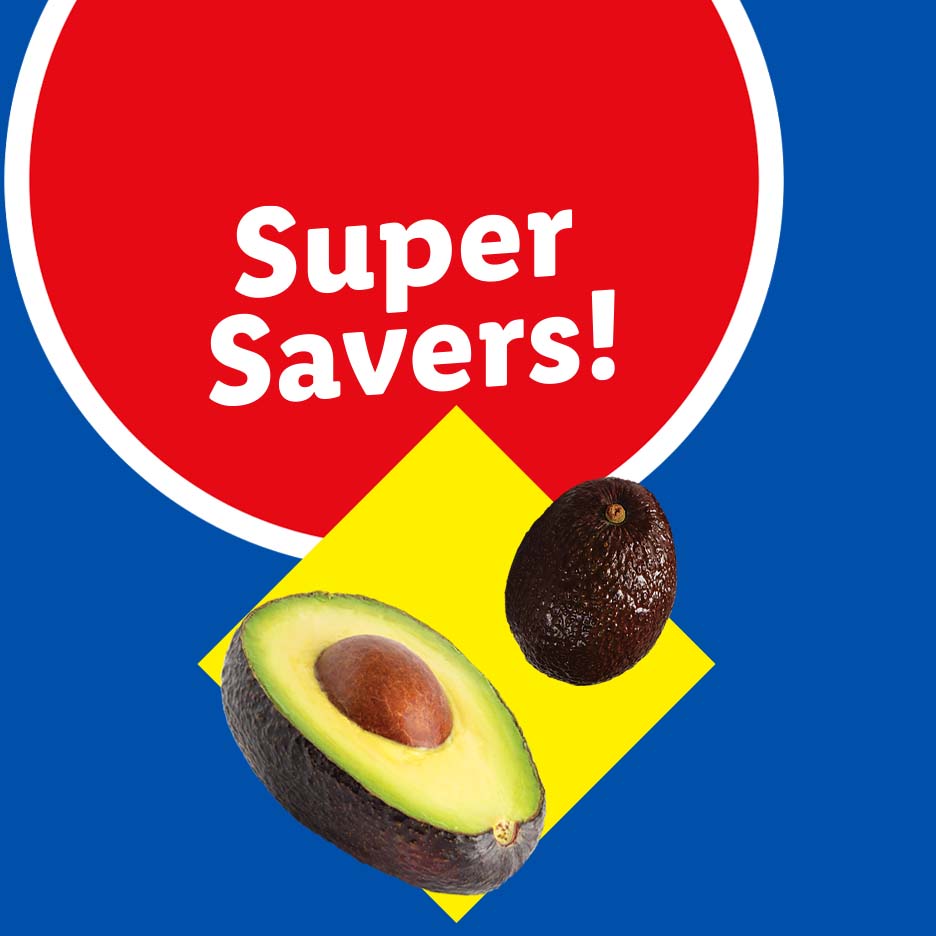A red circle with 'Super Savers!' text, a yellow diamond, and two avocados on a blue background.