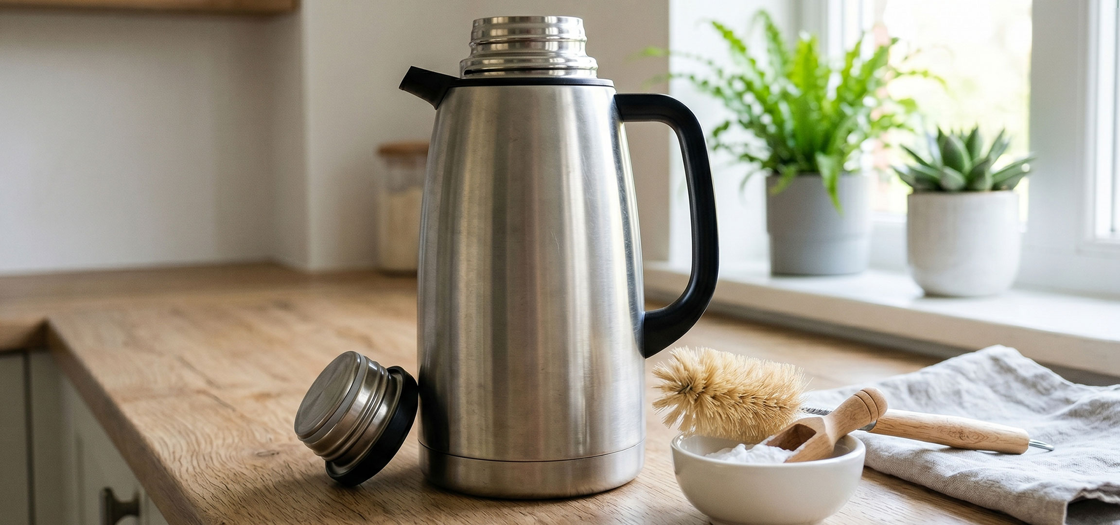 aiLabeling.aiLabelForImageAltText: Stainless steel thermos on a kitchen counter with cleaning brush and baking soda.