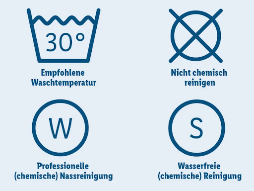 Laundry symbols: 30°C wash, do not dry clean, professional wet cleaning (W), dry cleaning (S).