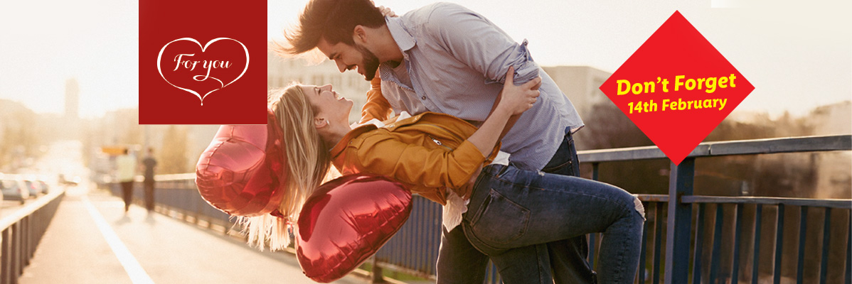 A couple embracing with red heart balloons, with text 'For you' and 'Don't Forget 14th February'.