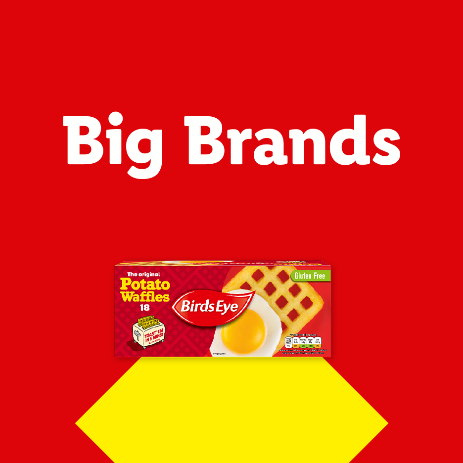 Red background with 'Big Brands' text, featuring a box of potato waffles and a yellow shape.
