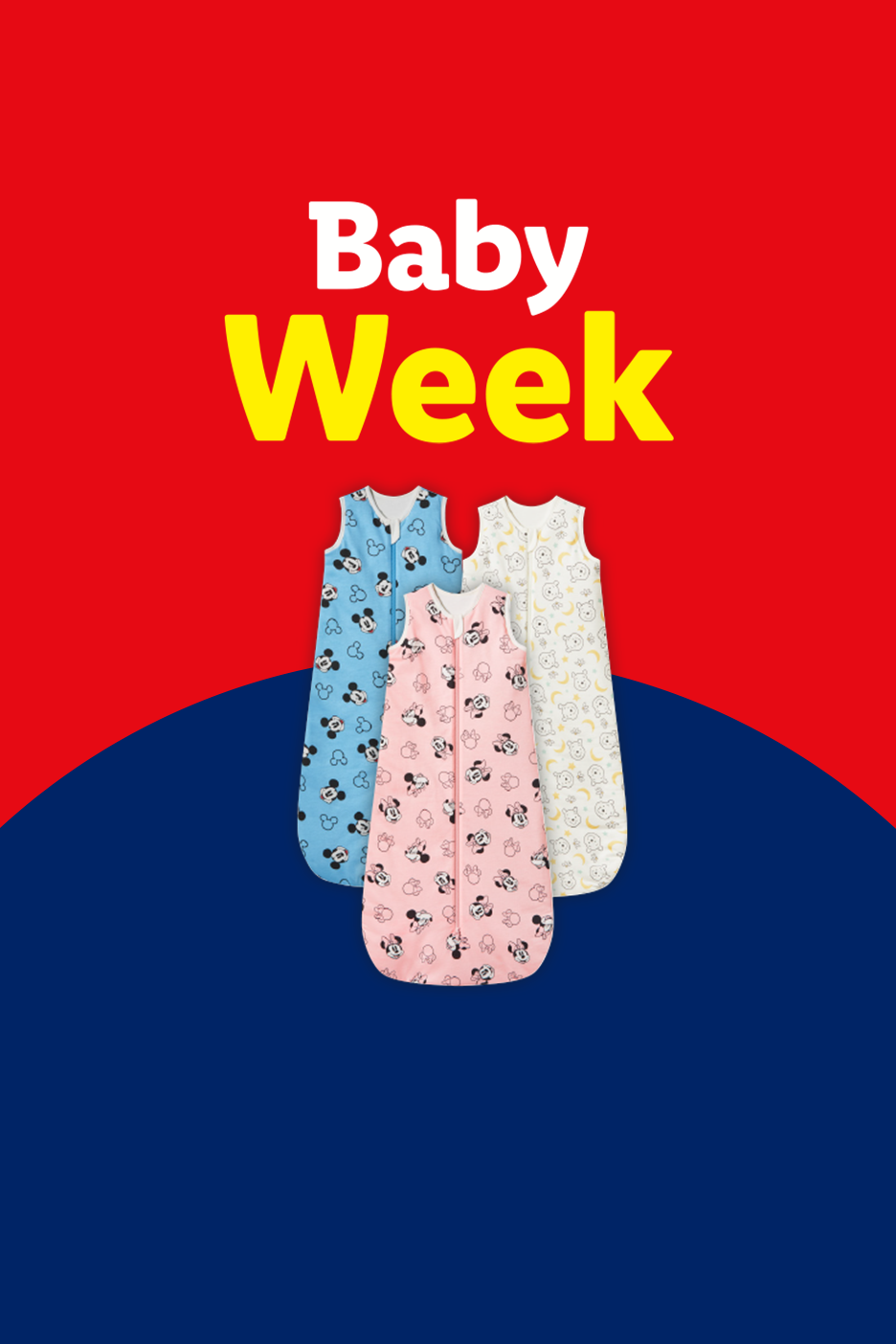 Baby Week promotion with three baby sleeping bags in blue, pink, and white with cartoon patterns.
