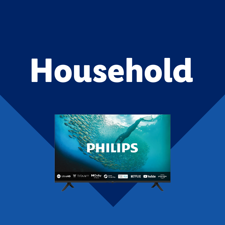 Household category with a TV displaying an underwater scene and streaming service logos.