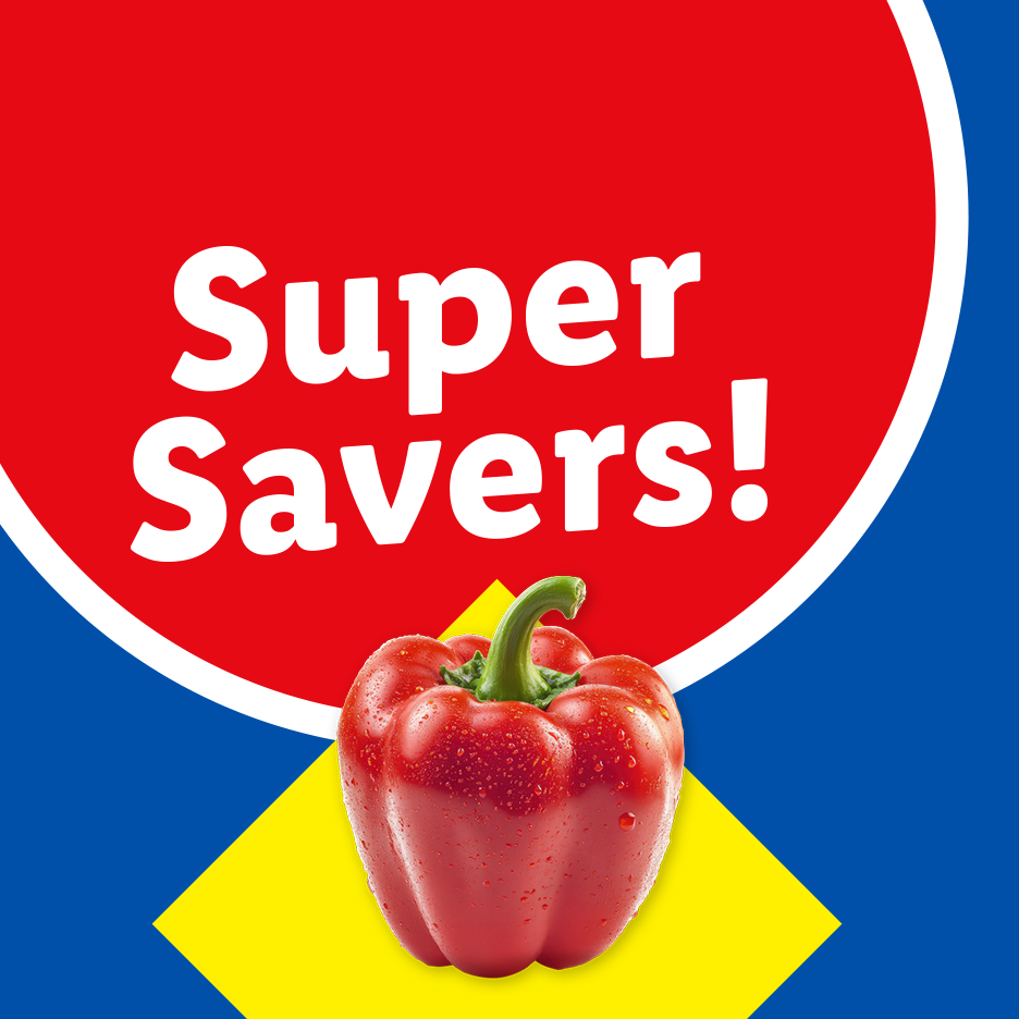 Red bell pepper on a yellow and blue background with text 'Super Savers!'