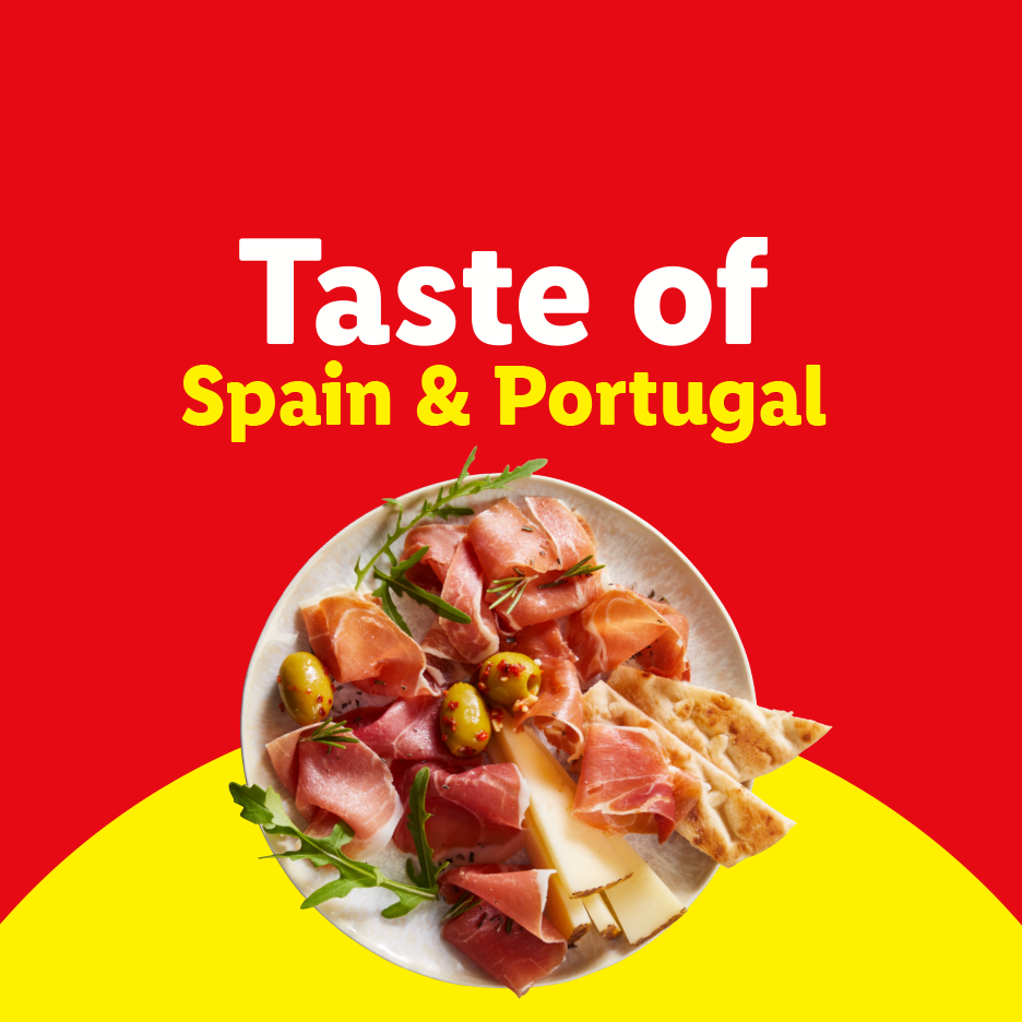 A platter of cured meats, cheese, olives, and flatbread, with text 'Taste of Spain & Portugal'.