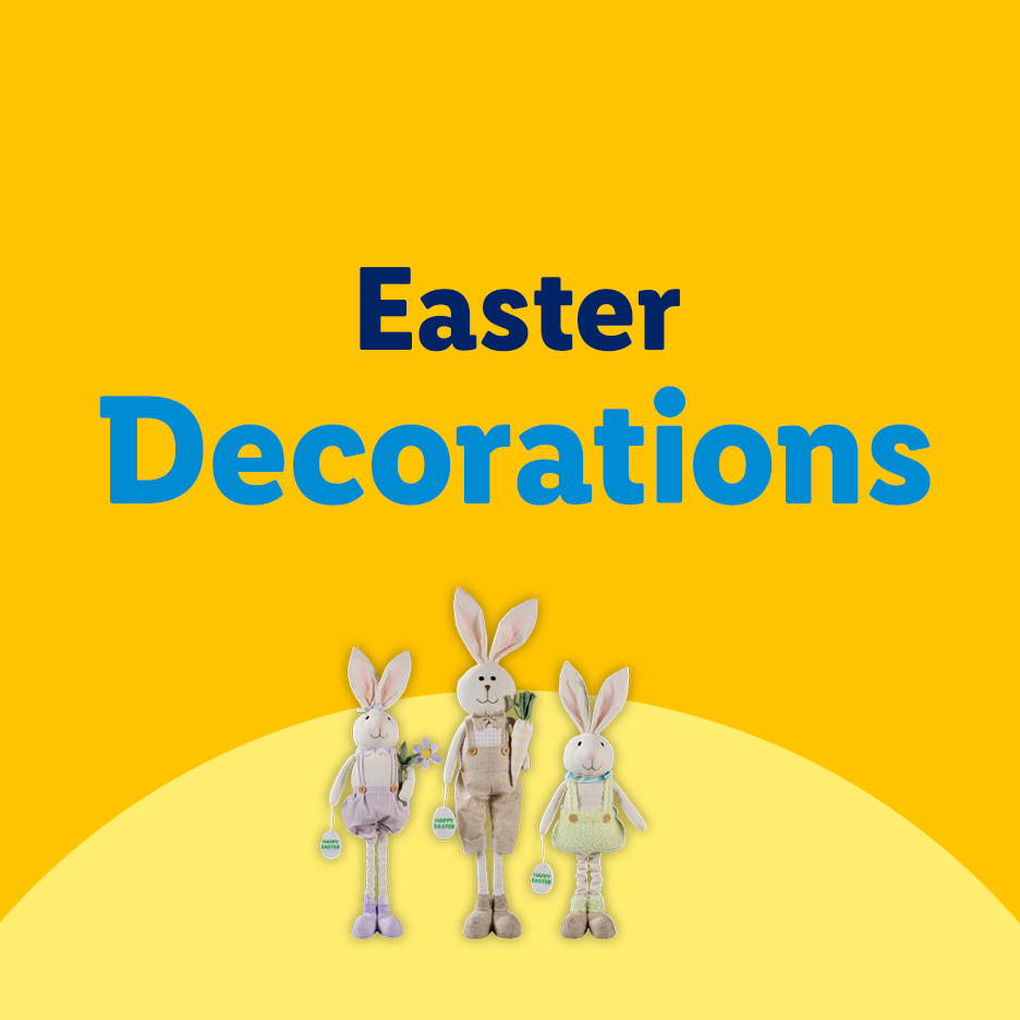 Three plush Easter bunny decorations with text 'Easter Decorations' on a yellow background.