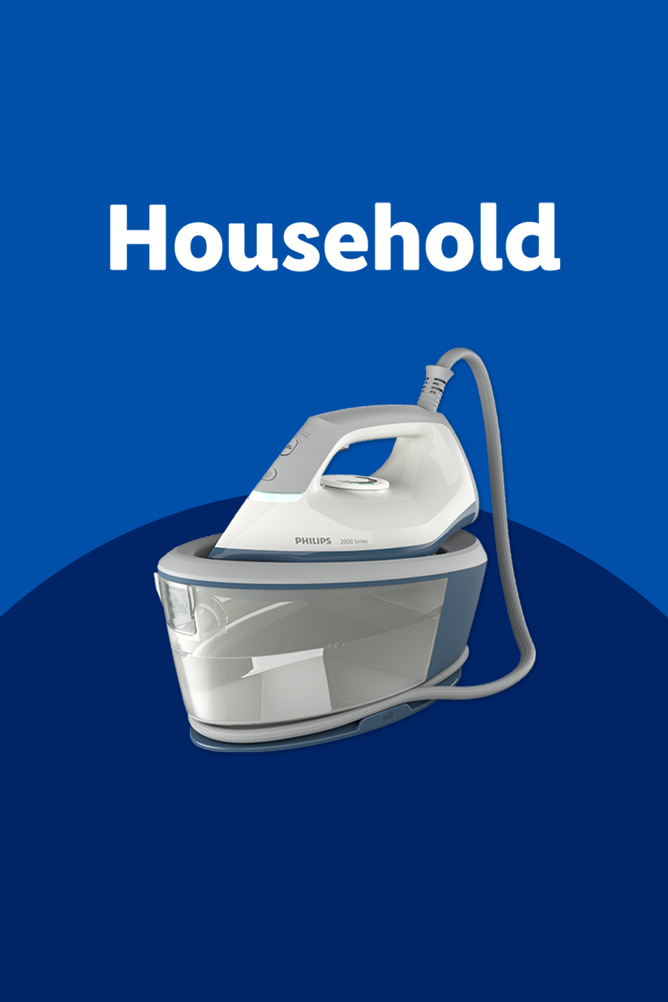 Household steam iron with a water tank on a blue background with the text 'Household'.