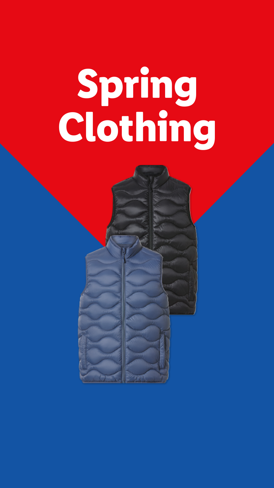 Two puffer vests, one black and one blue, with 'Spring Clothing' text on a red and blue background.