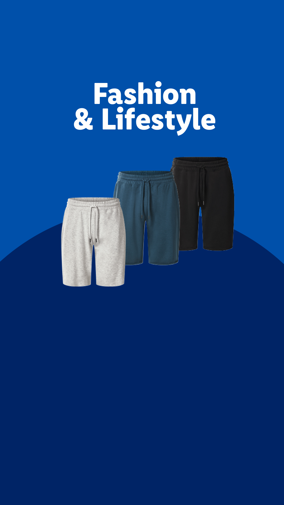 Fashion & Lifestyle: Three pairs of men's shorts in grey, blue, and black.