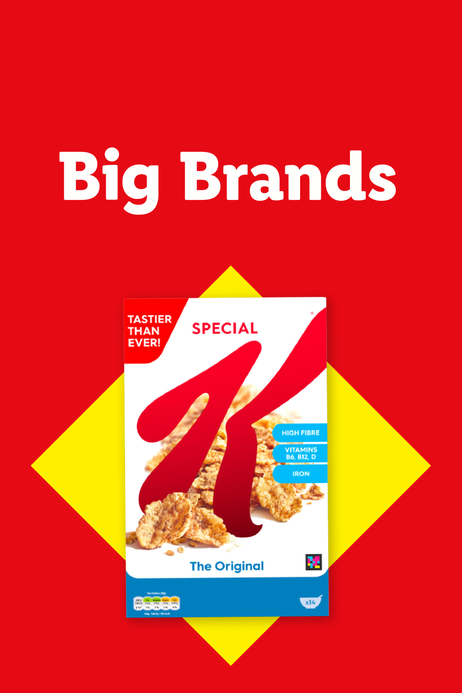Red background with 'Big Brands' text and a box of cereal with a large red K.