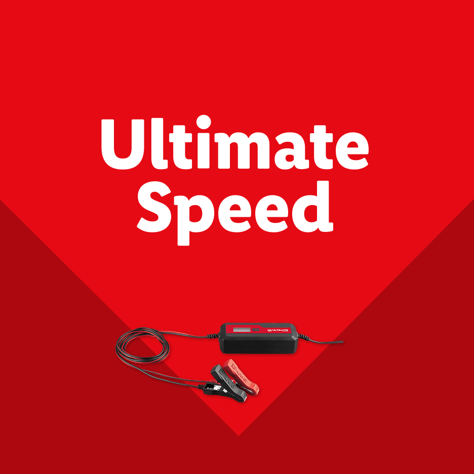 A red background with a battery charger and the text 'Ultimate Speed'.