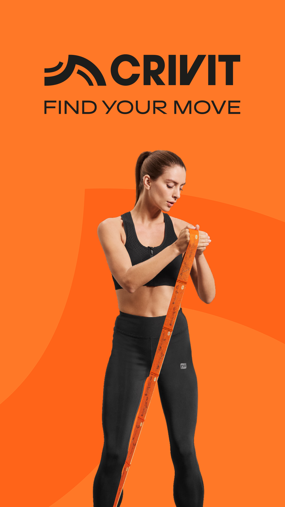Woman in black sportswear holding an orange resistance band, with text 'FIND YOUR MOVE'.