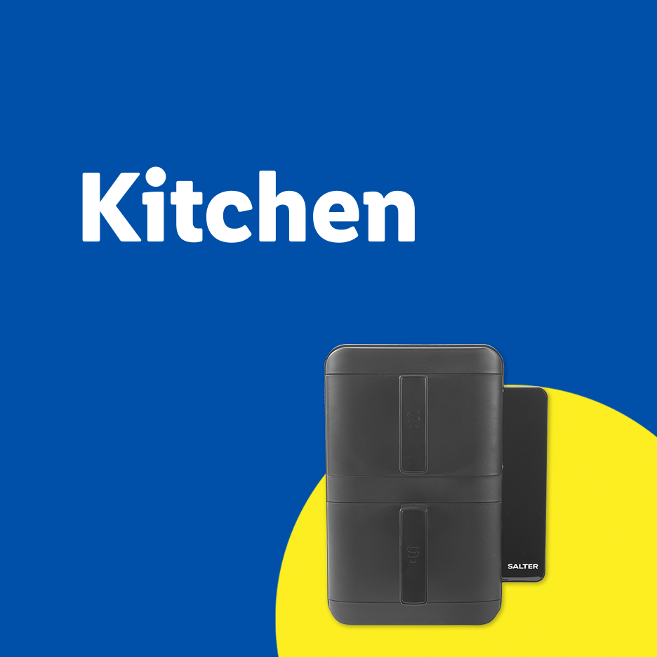 Kitchen appliances on a blue and yellow background with the word 'Kitchen'