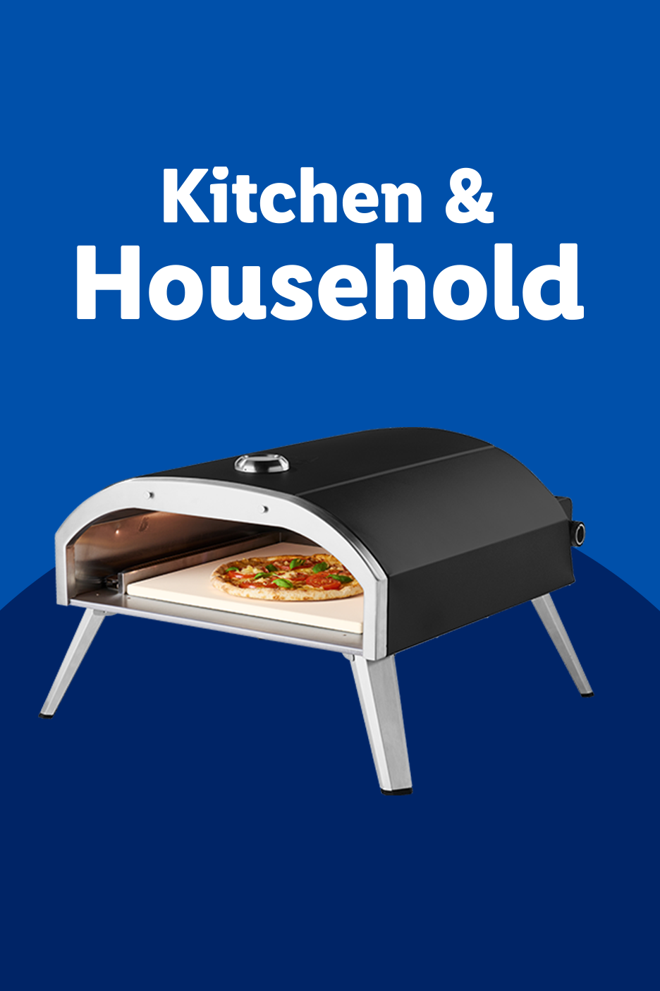 Kitchen & Household text with a pizza oven and pizza on a blue background.